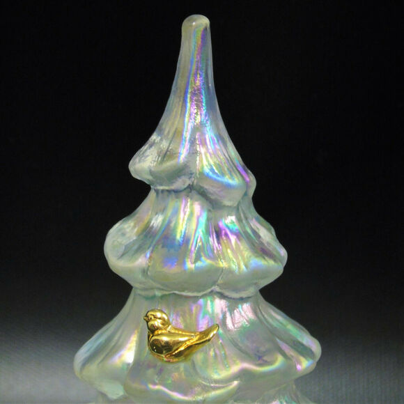 Fenton Glass Christmas Tree Figurine 6.5" Large White Iridescent Gold Bird Vtg - Picture 6 of 8
